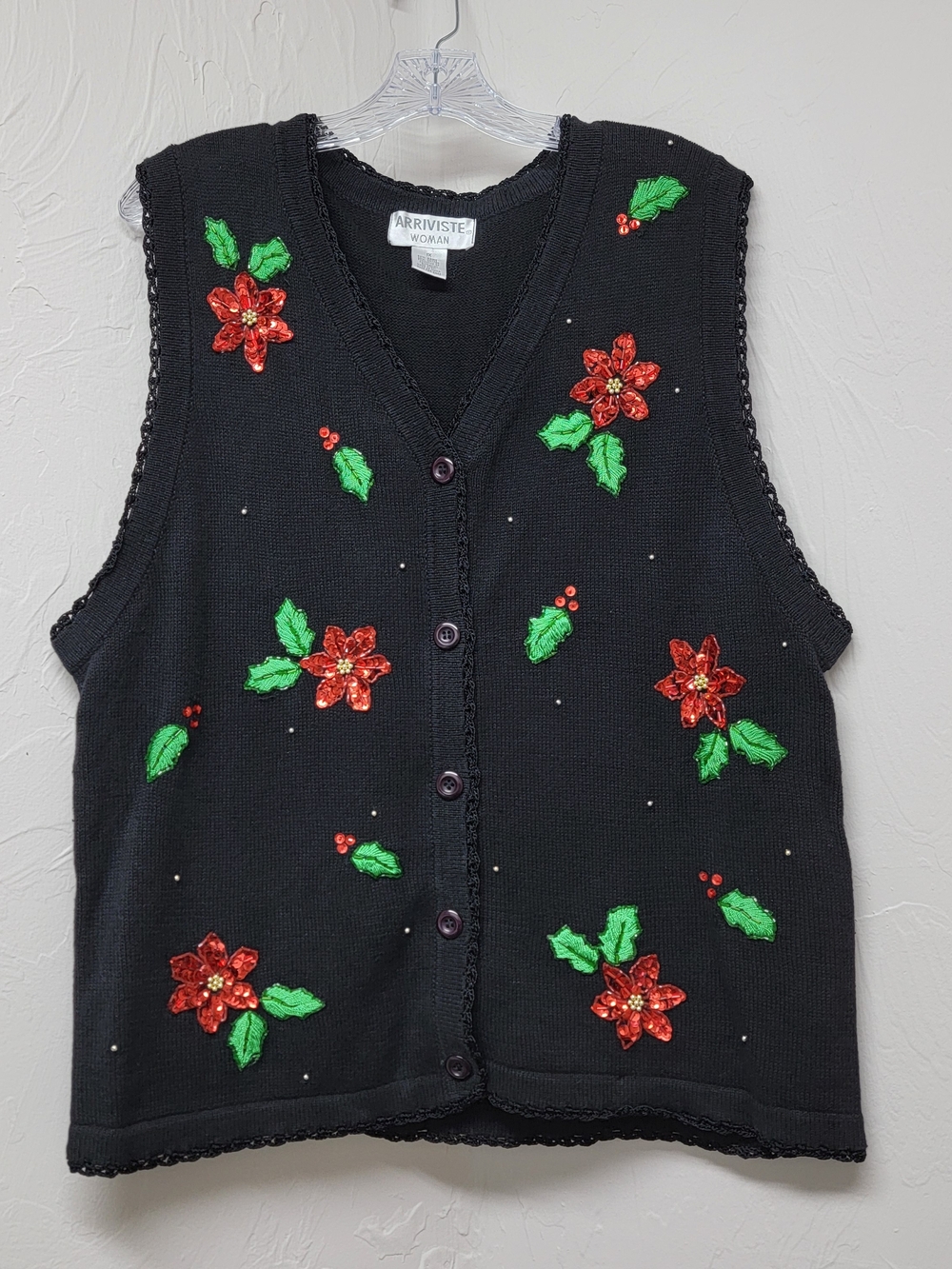 VTG Arriviste Christmas Holiday Ugly Vest Embroidered Poinsettia Beaded Holly 1X